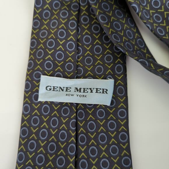 Gene Meyer 100% Silk Tie Black With Green X's And Blue O's Pattern‎ Designer - Picture 3 of 4